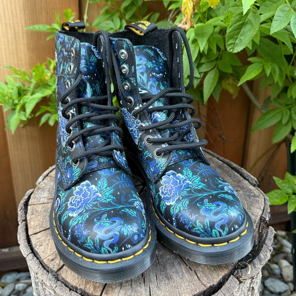 Dr. Martens Black Leather Lace-Up Boots with Blue Mystic Floral Print